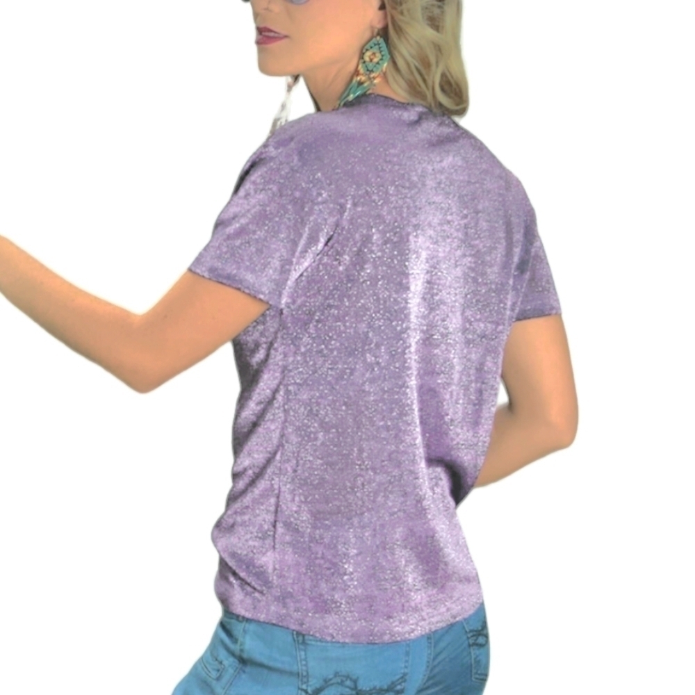 NWT Liwisi Lavender Purple Sparkle Glitter Relaxed Cuffed Short Sleeve T-Shirt